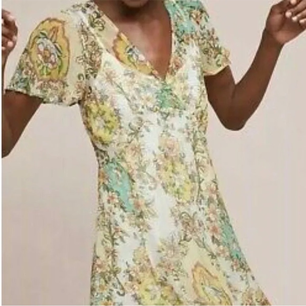 Anthropologie AKEMI KIN Green White Paisley Metallic Thread Dress Size XSP